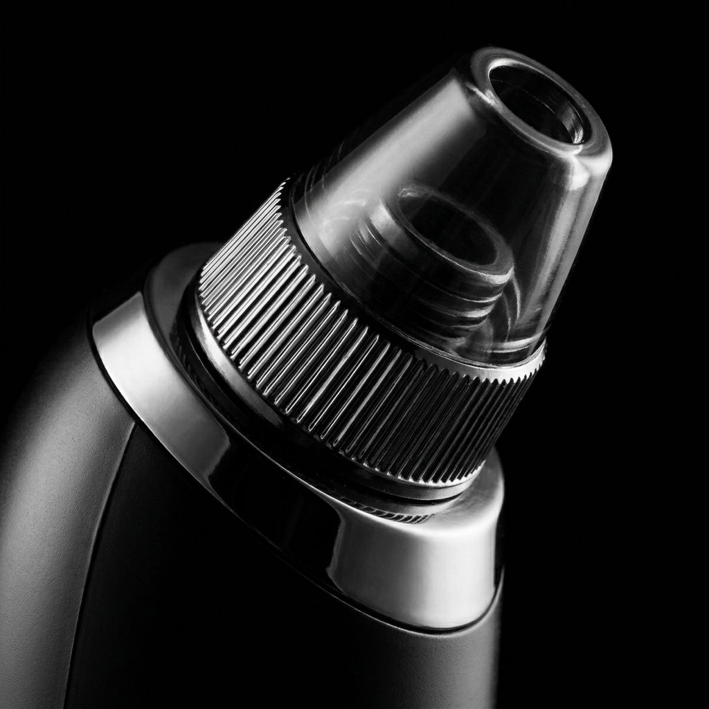 Macro shot of a polished gunmetal skincare device